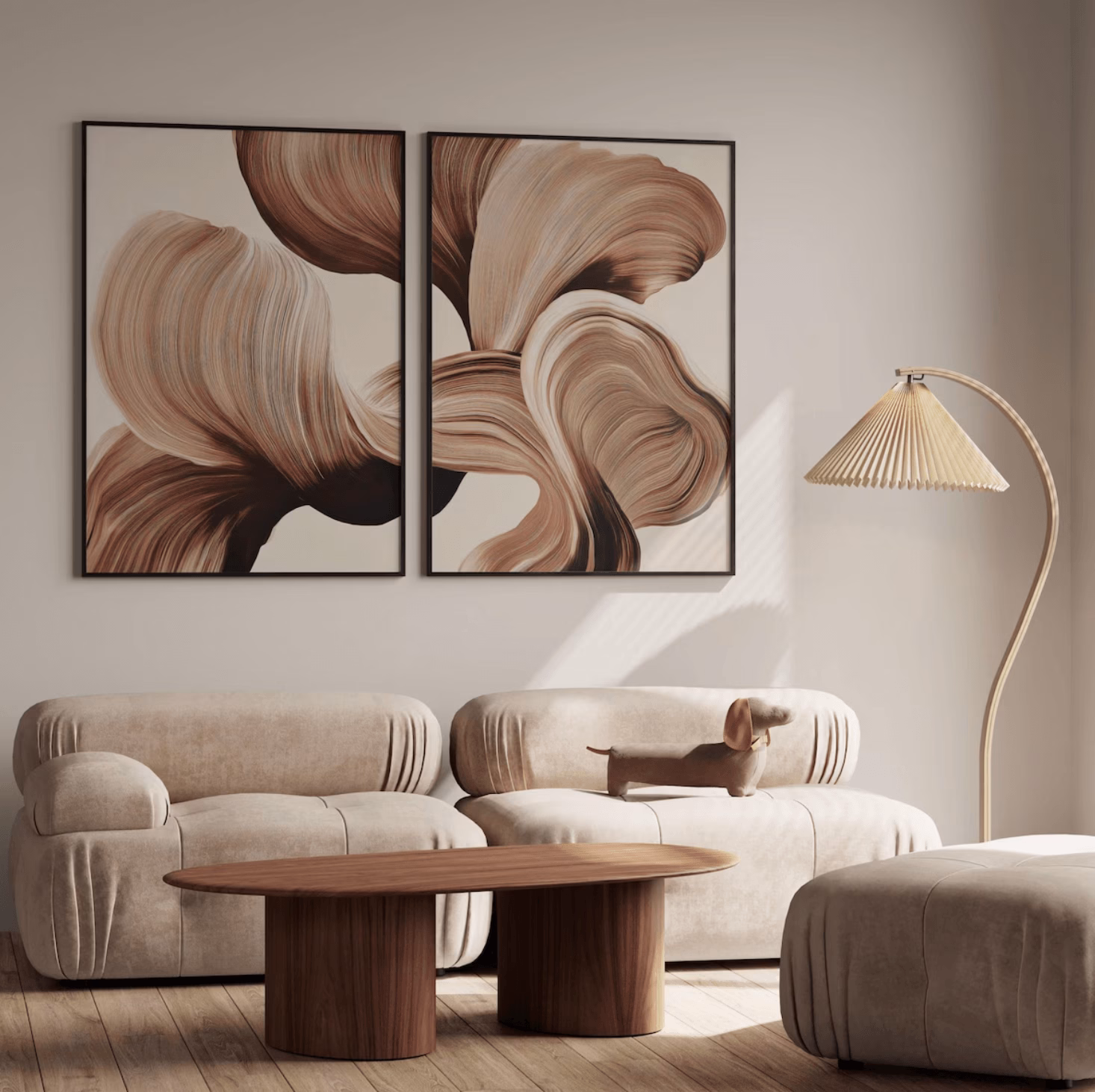 Duo de tableaux abstraits organiques beige et marron