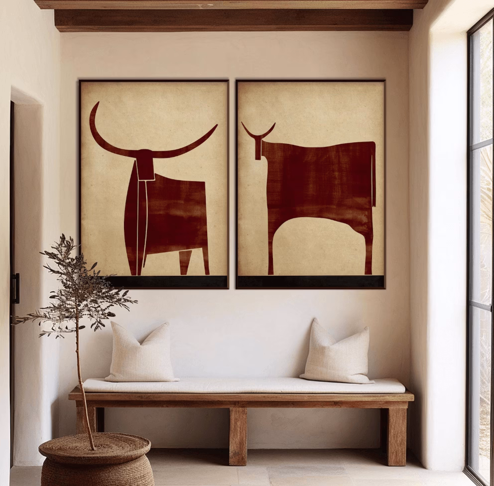 Duo de tableaux abstraits Taureaux terracotta – Image 2