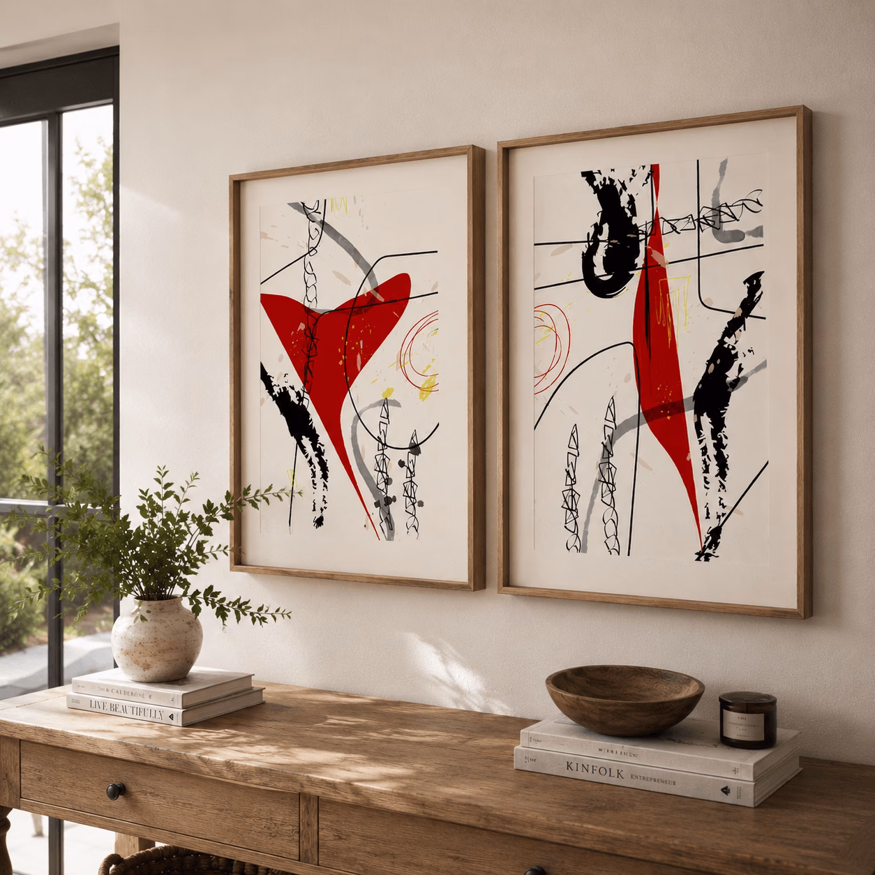 Duo de tableaux abstraits minimalistes noir et rouge – Image 2