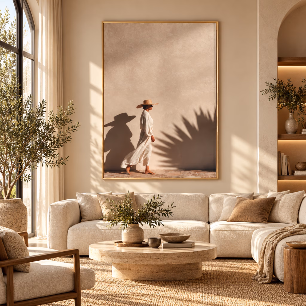 Tableau beige femme au chapeau avec cadre doré au-dessus d’un canapé