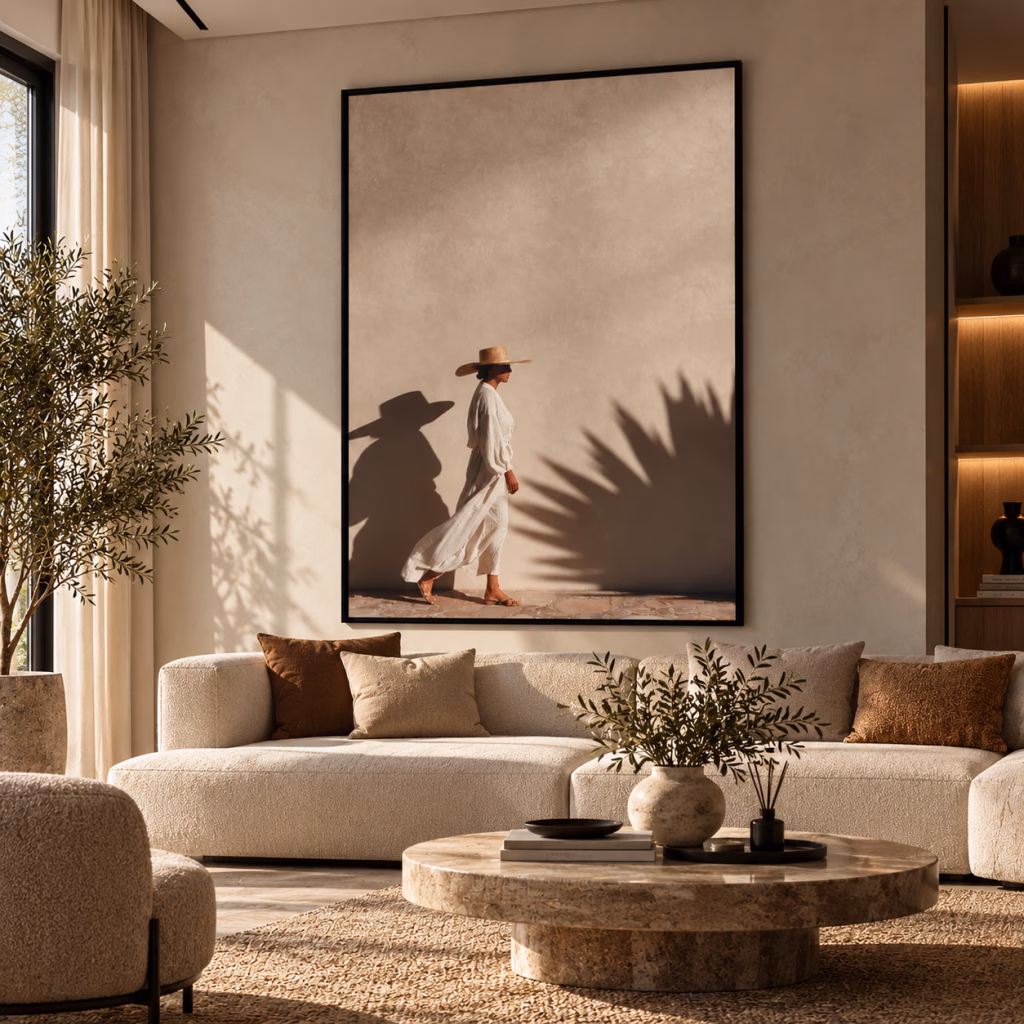 Tableau femme au chapeau de paille beige minimaliste, encadré noir, dans un salon lumineux