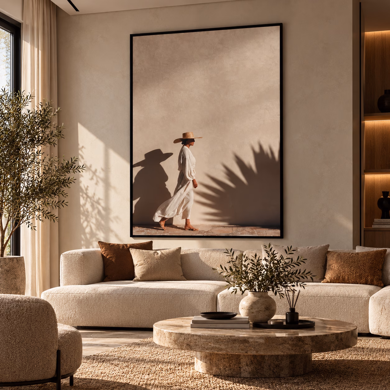 Tableau femme au chapeau de paille beige minimaliste, encadré noir, dans un salon lumineux