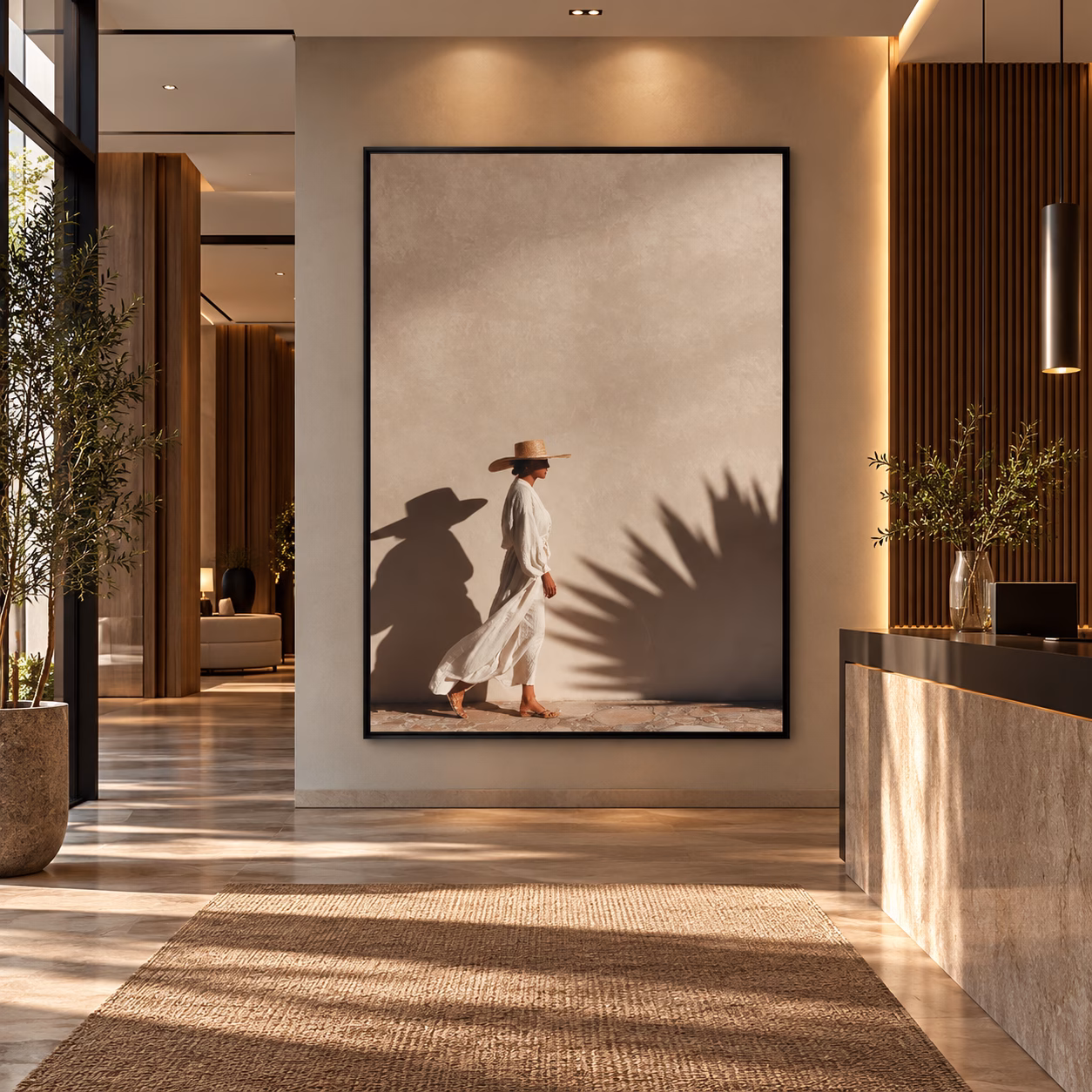 Tableau décoratif femme en robe blanche au chapeau dans le hall d’un hôtel